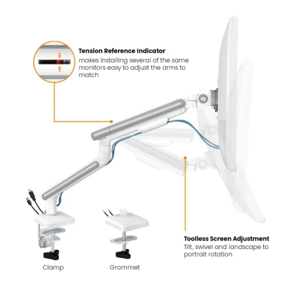 BRATECK Single-Monitor NEO Slim Mechanical Spring Arm for 17-32" Displays, Fine Texture White - LDT68-C012