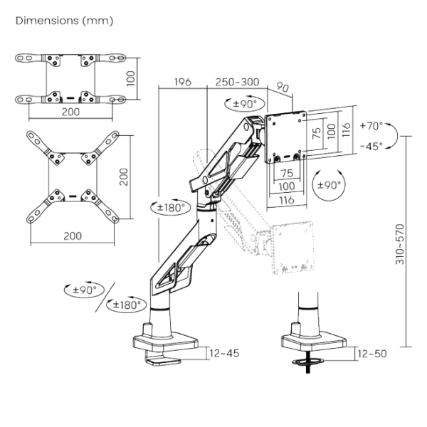 676e1e0e5d40848e63abc155 BRATECK Atlas Neo Gaming Pole-Mounted Monitor Arm - 24"-57" Screens, Up to 30kg - Brateck-LDT95-C012P White