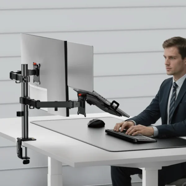 69f086f83100ca71a29ebea9 BRATECK Signature Steel Articulating Monitor Mount with Laptop Tray and Quick Release VESA - BT-AMA-B2LH