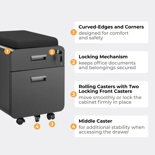 69378f6ea436f7f993de745d LUMIVIDA Matte Black 2-Drawer Locking Mobile File Cabinet with Seat Cushion and Adjustable File Rack - CAB03-2