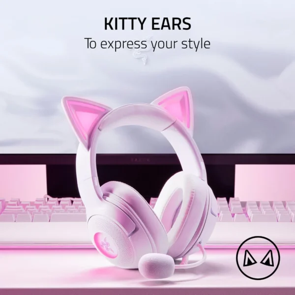 Razer Kraken Kitty V2 USB Gaming Headset - White Edition with RGB Kitty Ears and 40mm Drivers - RZ04-04730600-R3M1